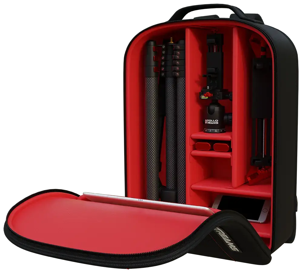 Apollo Streams weatherproof backpack loaded with live streaming equipment
