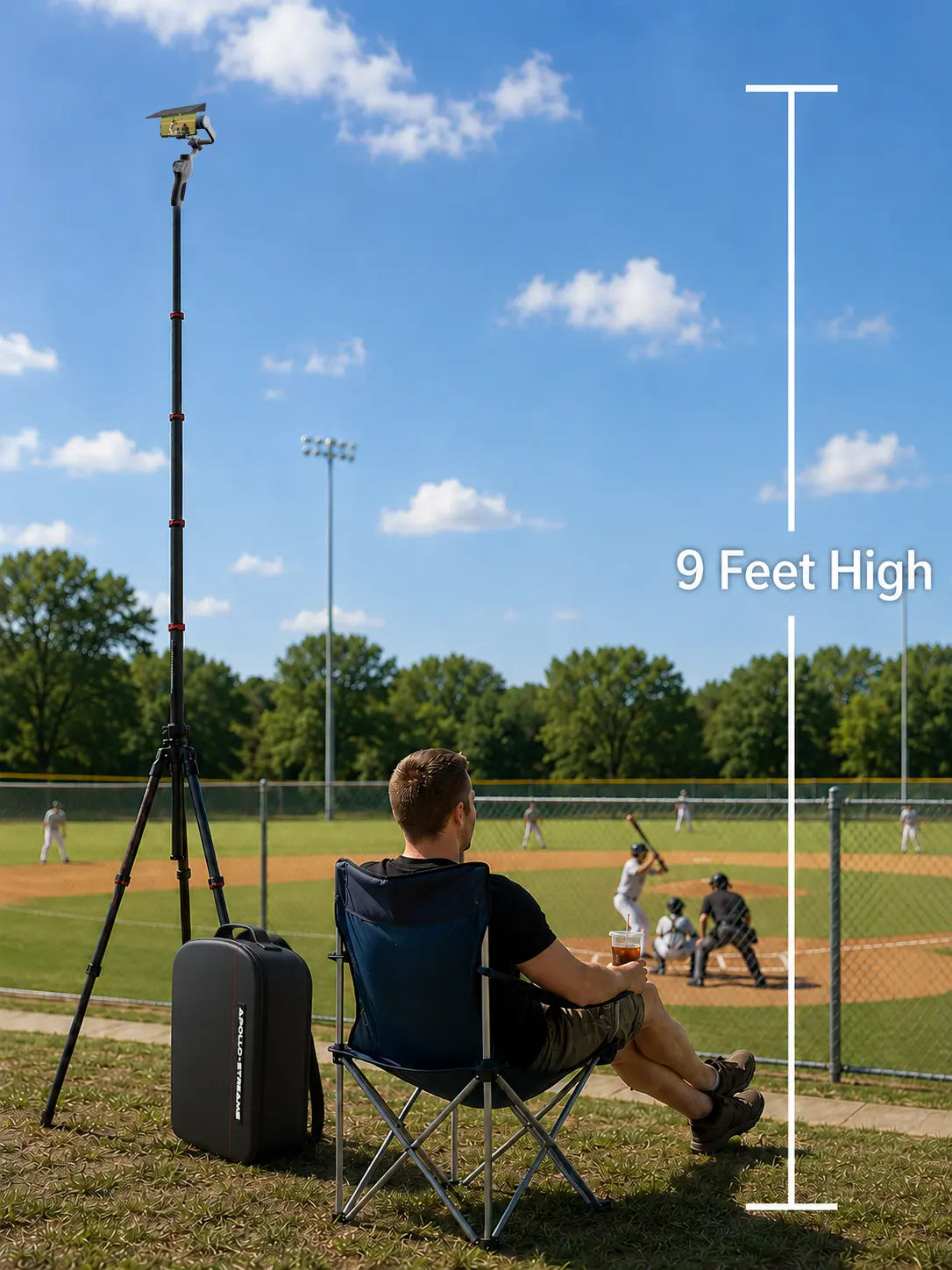 A dad watches his kid's soccer game from a chair while BallHawk films on a tripod behind him