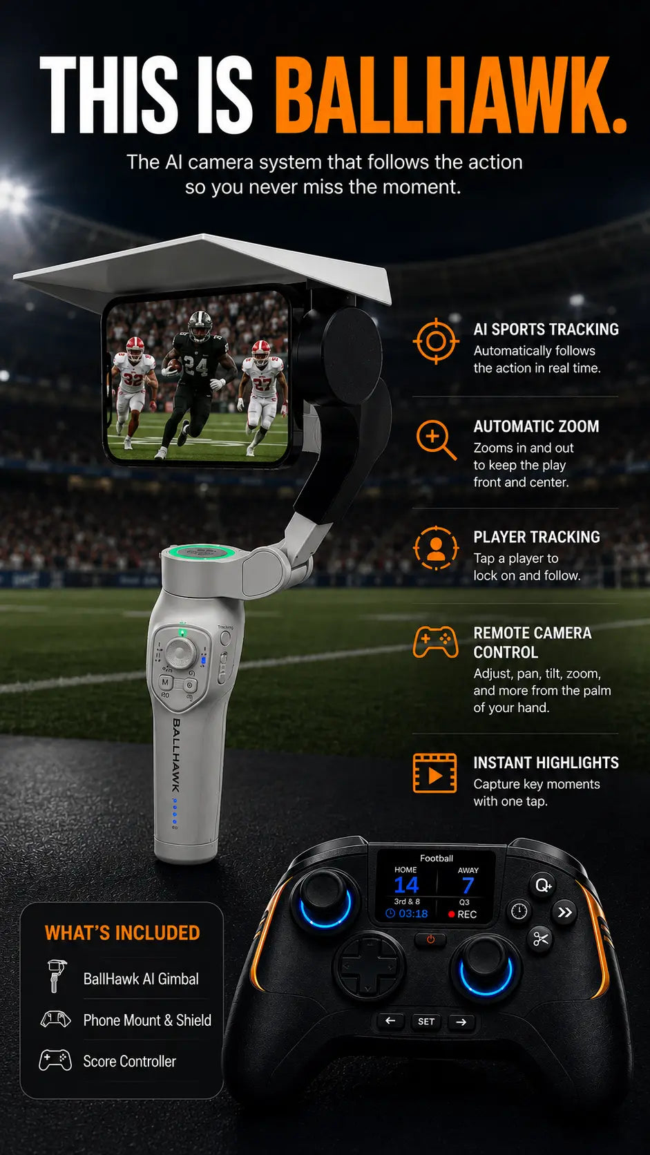 This is BallHawk: AI tracking gimbal, Game Controller, and what is included