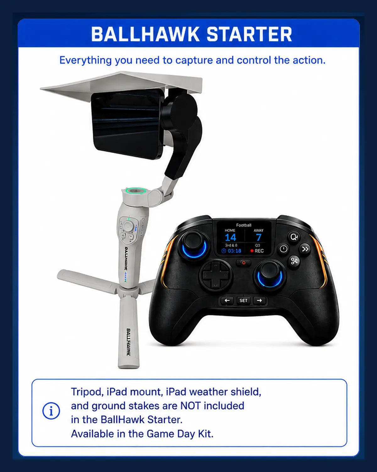BallHawk Starter: gimbal, Game Controller, weather shield, rain bag